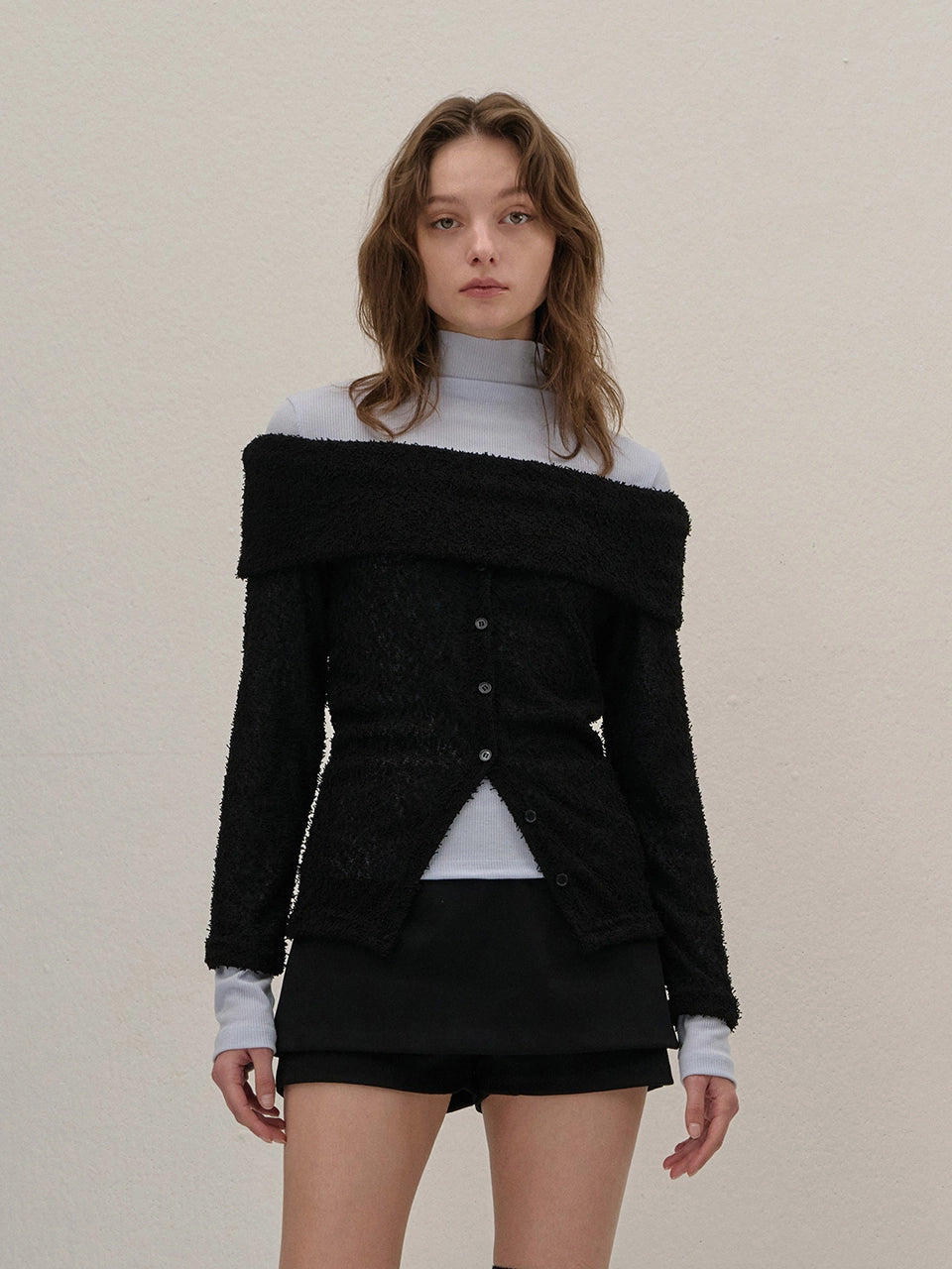 TERRY OFF-SHOULDER KNIT CARDIGAN BLACK