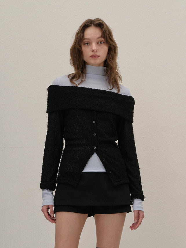 TERRY OFF-SHOULDER KNIT CARDIGAN BLACK