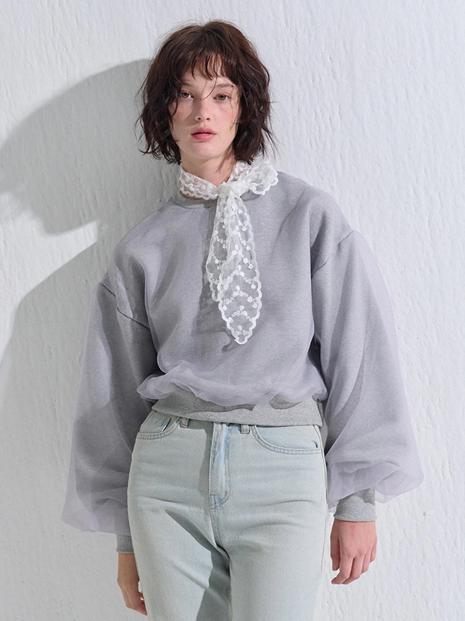 ORGANZA SHIRRING SWEATSHIRT GRAY