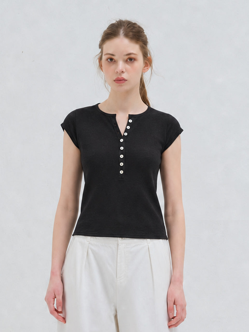 BUTTON CAP SLEEVE KNIT BLACK