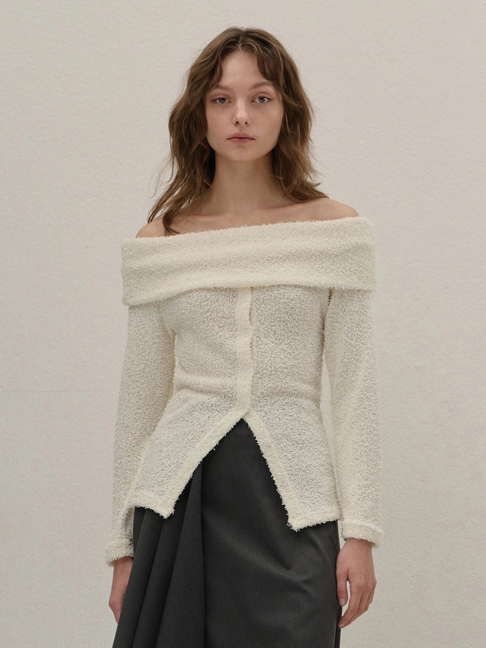 TERRY OFF-SHOULDER KNIT CARDIGAN - 2color