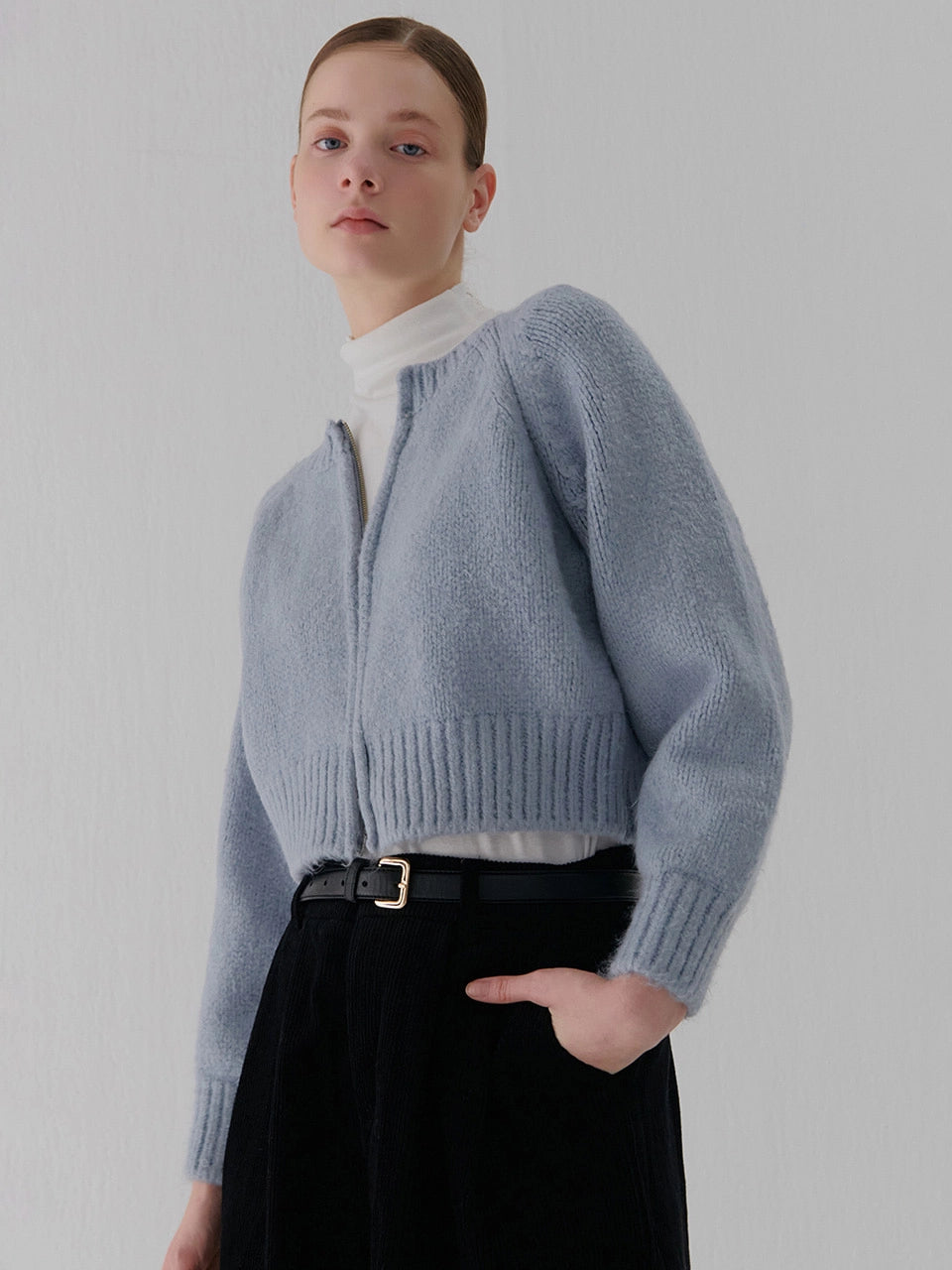 ROUND ZIP-UP CARDIGAN BEIG SKY BLUE