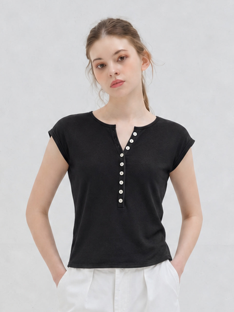 BUTTON CAP SLEEVE KNIT BLACK