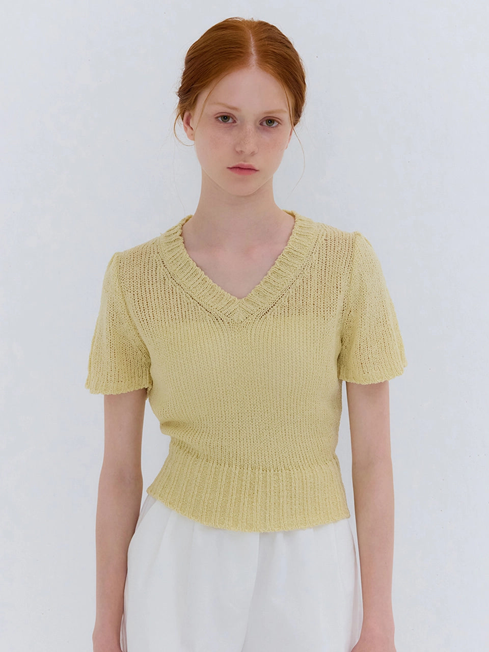 SUMMER V NECK SHIRRING KNIT LEMON