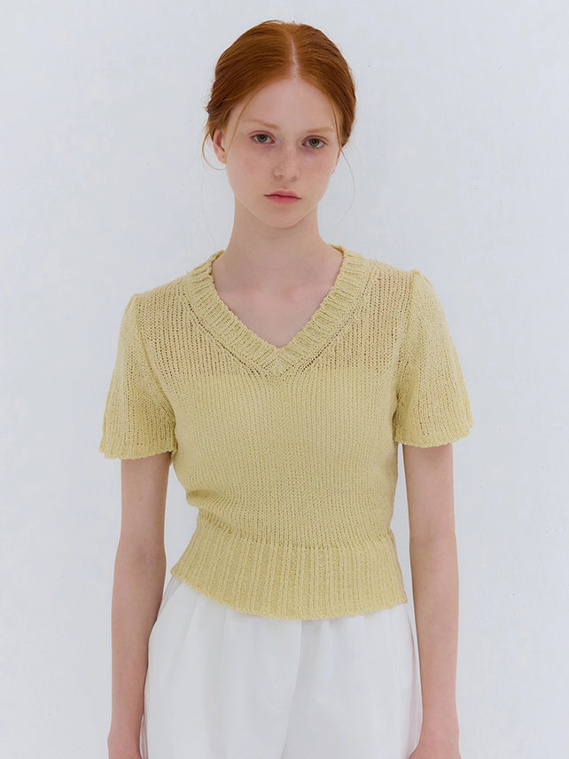 SUMMER V NECK SHIRRING KNIT LEMON