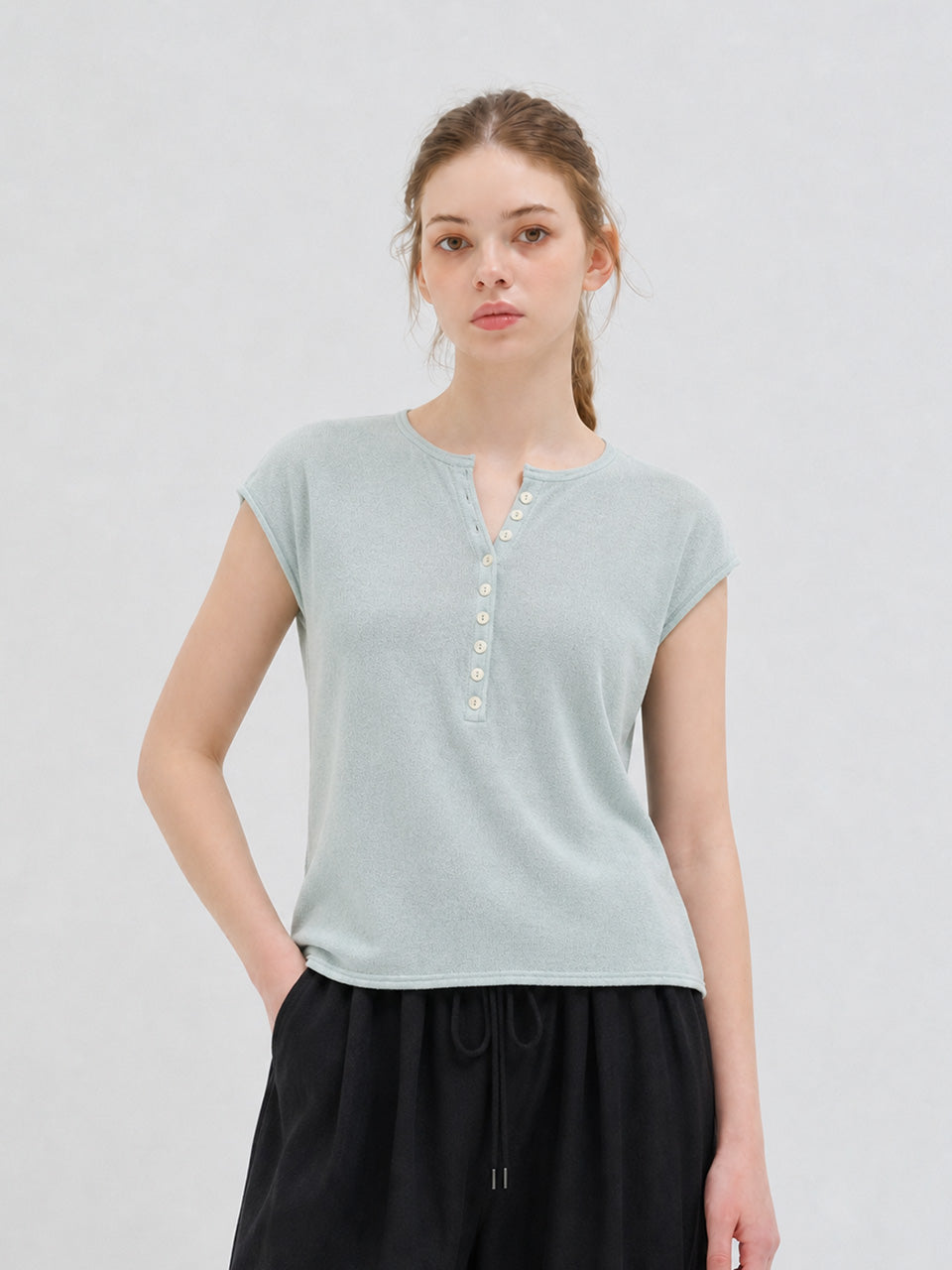 BUTTON CAP SLEEVE KNIT LIGHT MINT
