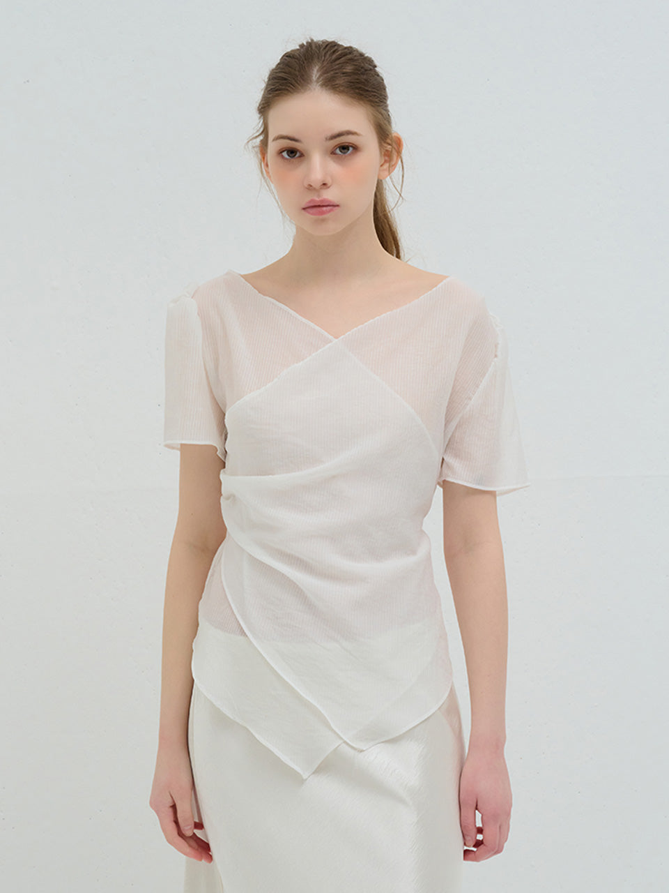 STRIPE WRAP SHIRRING BLOUSE WHITE