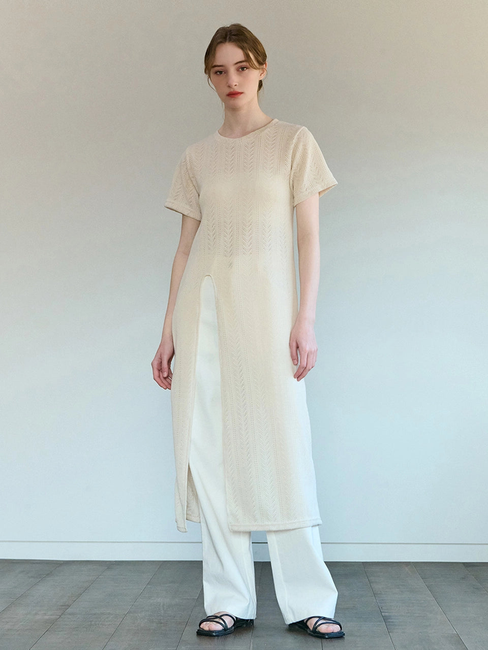SLIT SUMMER LACE LONG KNIT ONE PIECE CREAM - 3color