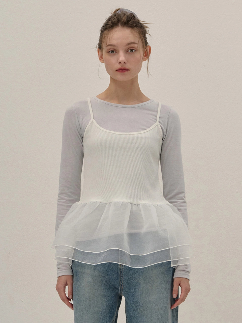 STRETCH LONG SLEEVE TOP LIGHT GRAY