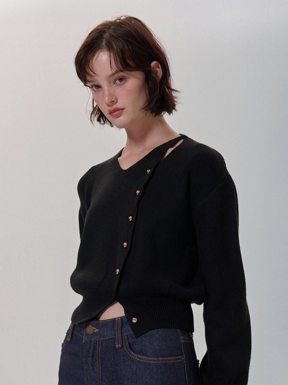 CUTTING V NECK KNIT CARDIGAN BLACK